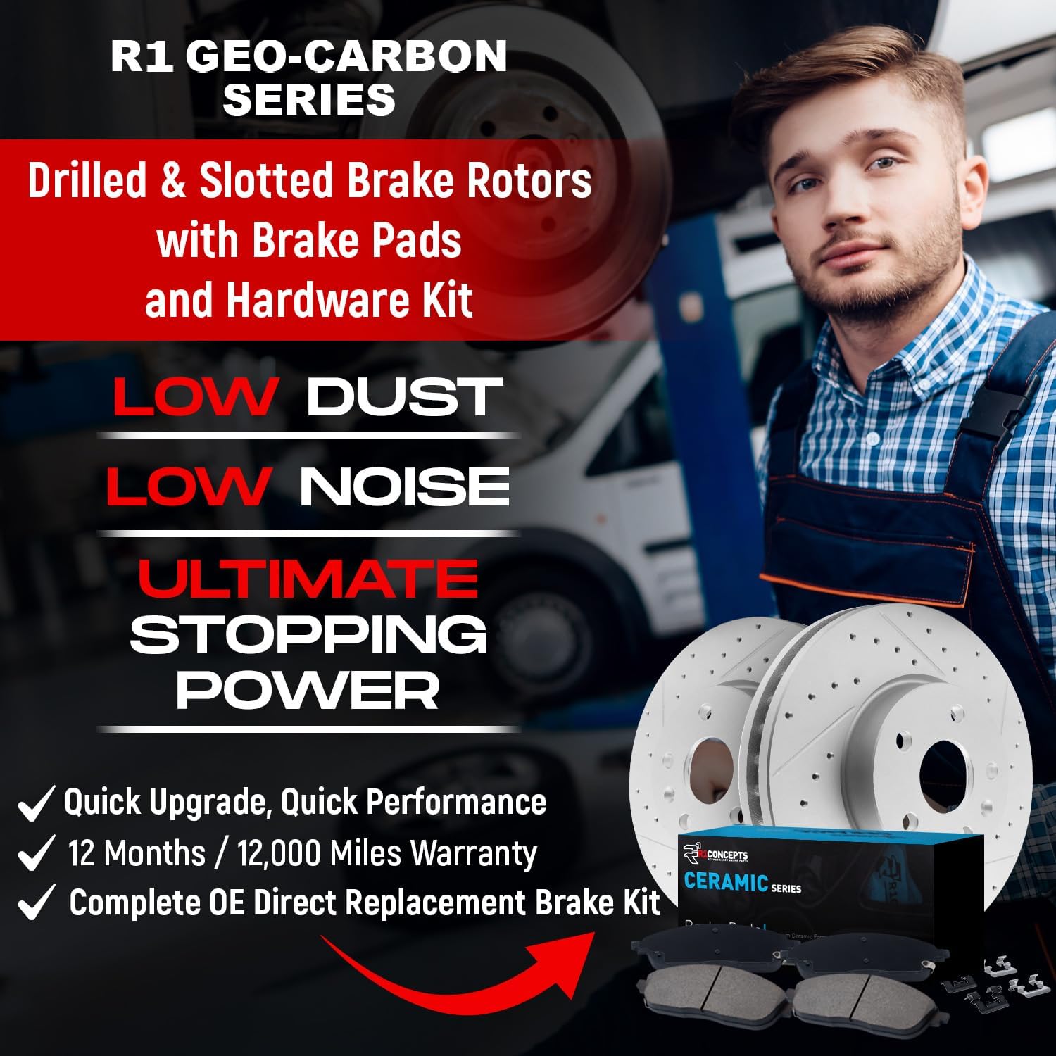 R1 Concepts Front Brake Kit For 2018-2022 BMW 530e, 2017-2022 BMW 530i, 2017-2019 BMW 540i, 2019-2022 BMW X5| Drilled Slotted Brake Rotors| Ceramic Brake Pads and Rotors Kit| Hardware included