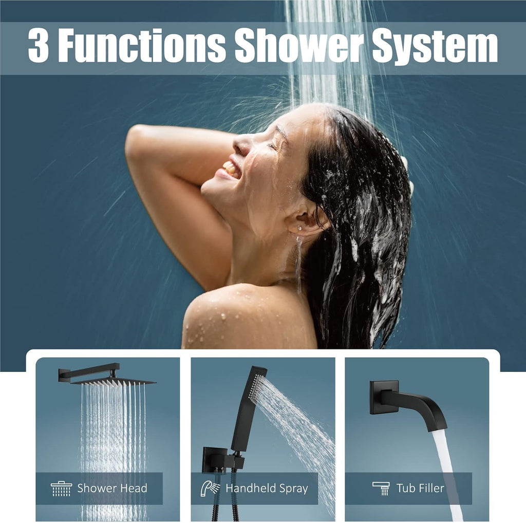 Aolemi Rainfall Shower System Shower Head Combo Set with Tub Filler Handheld Shower Luxury Rough-in Valve Included Wall Mount Bathroom Shower Mixer Faucet 10 Inch Shower Head Matte Black