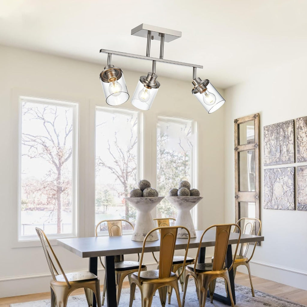 Track Lighting Fixtures 3 Light Directional Ceiling Lights with Adjustable Track Heads, Brushed Nickel Bathroom Vanity Light with Clear Glass Shade