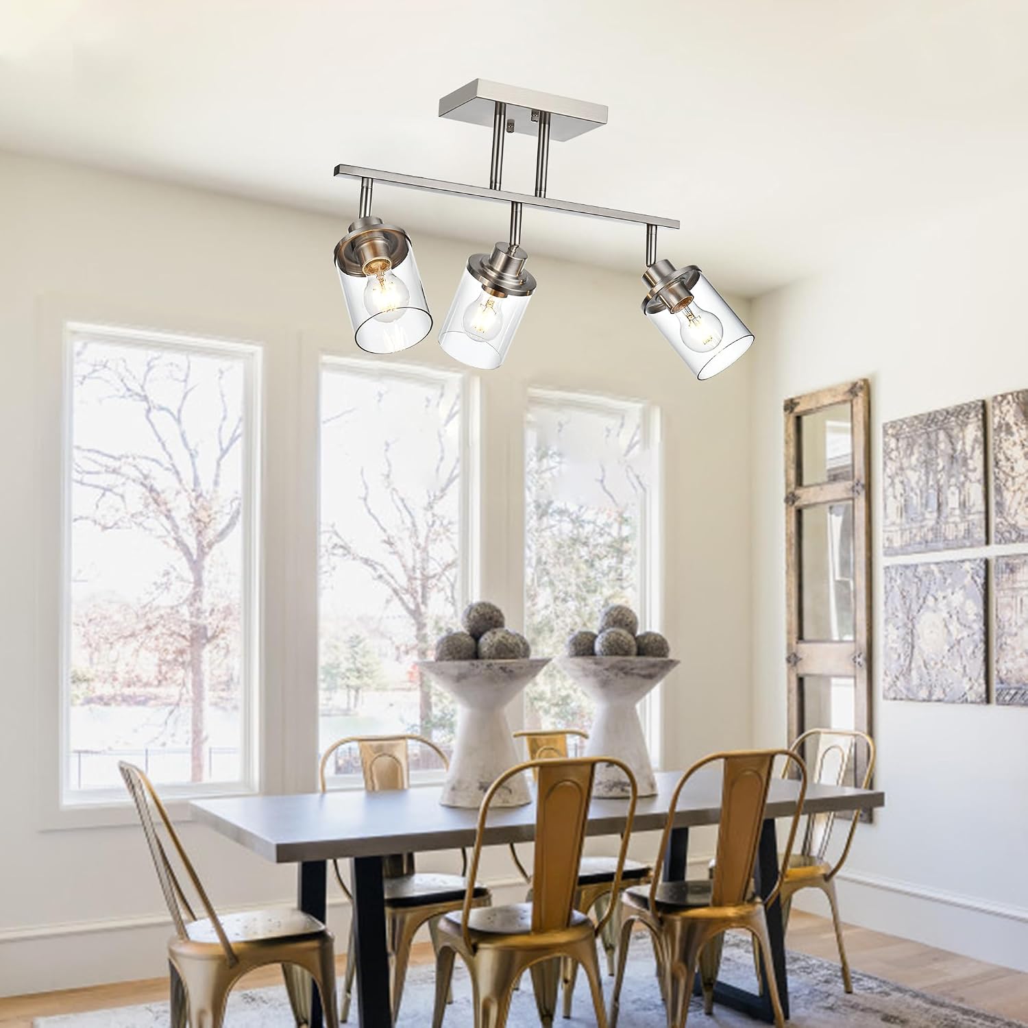 Track Lighting Fixtures 3 Light Directional Ceiling Lights with Adjustable Track Heads, Brushed Nickel Bathroom Vanity Light with Clear Glass Shade