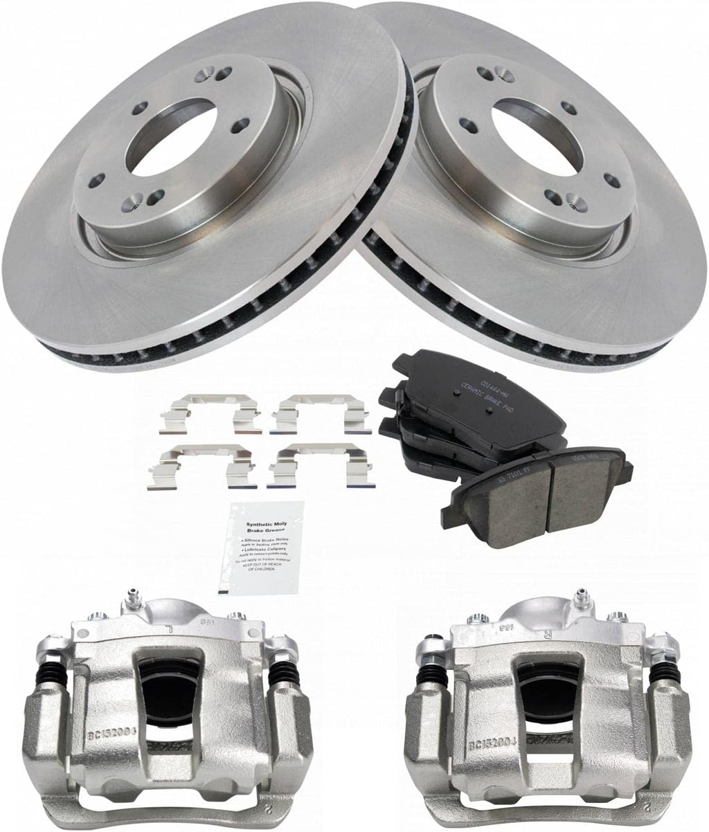 TRQ Front Brake Pad and Rotor Set Ceramic Vented Rotors Calipers Compatible with 2011-2015 Hyundai Sonata 2011-2016 Kia Optima