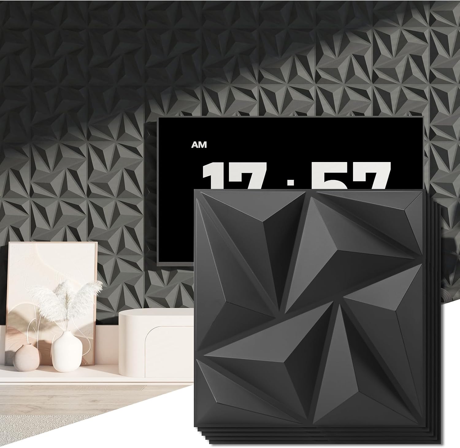 Art3d 3D Wall Panels 100 Pack, 11.8' x 11.8' (97 Sq.ft) PVC Wall Panels - Glue Up Panels Wall Decor for Living Room, Bedroom, Office, Black