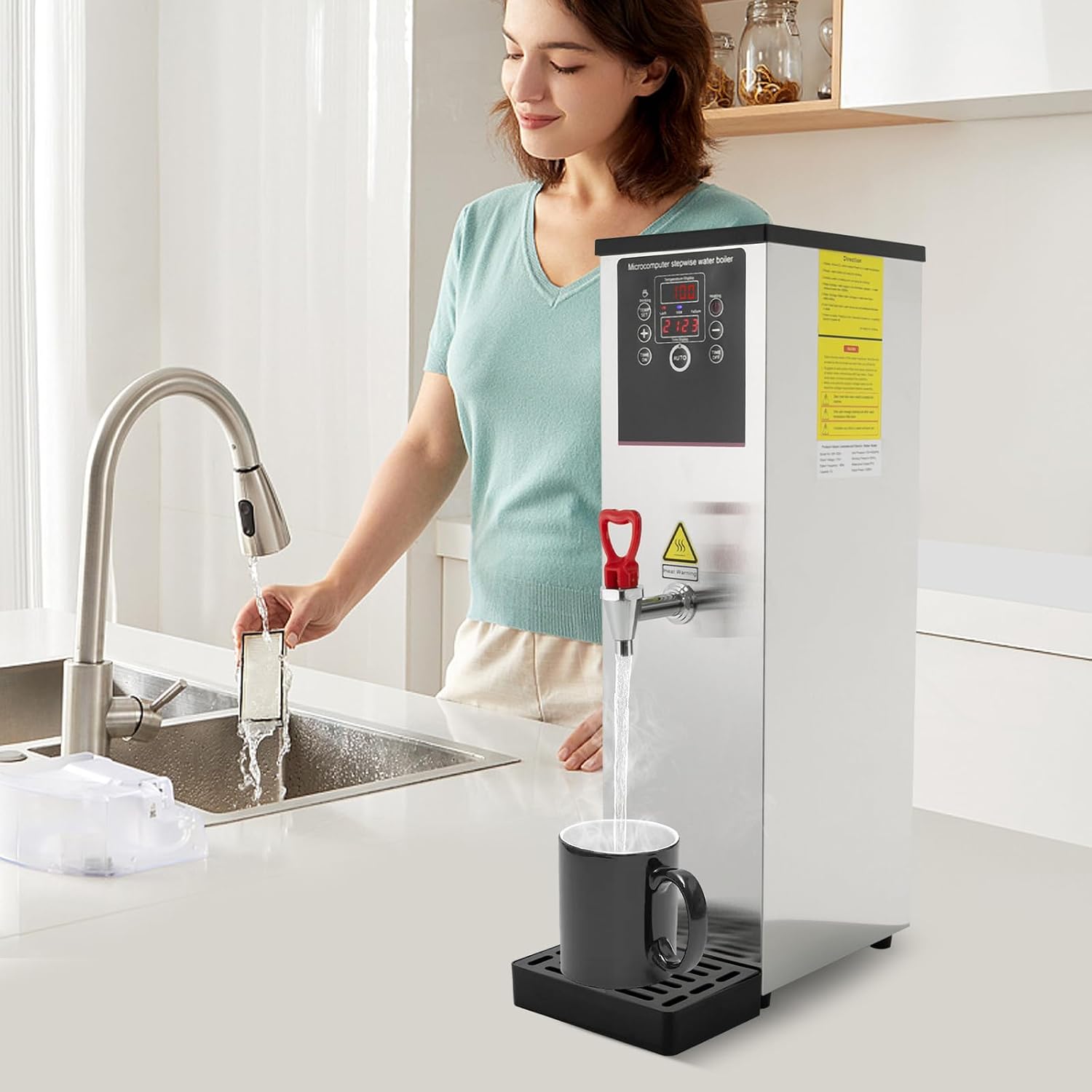 Step-Heating Commercial Hot Water Dispenser Countertop 2500W Fast Ready Water Boiler Machine Automatic 15L Water Boiler for Restaurant, Home, Office(15L,Silver)