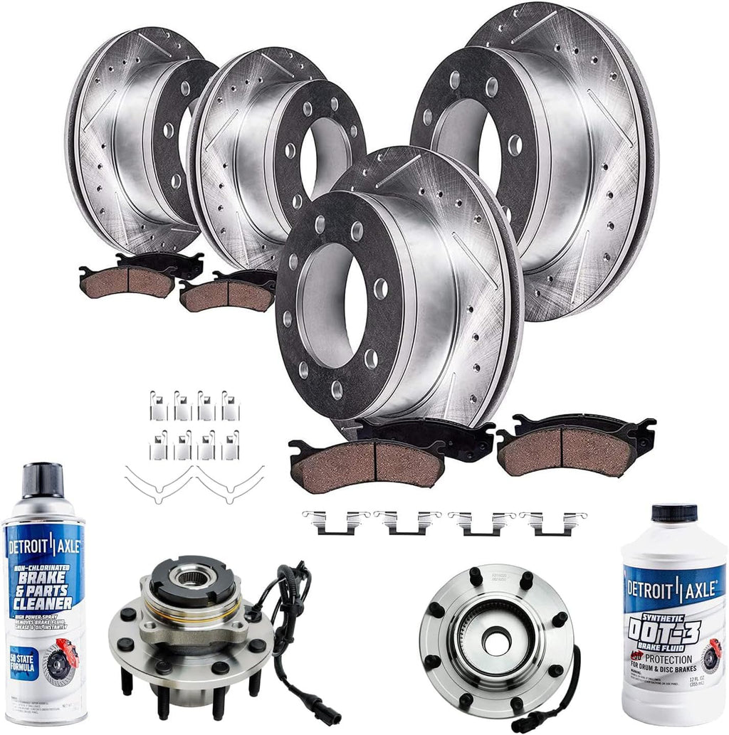 Detroit Axle - Wheel Bearing Hubs Brake Kit for 1999-2004 Ford F-250 F-350 Super Duty 2000-2002 Excursion Front Rear Brake Rotors Brakes Pads Front Wheel Bearing Hubs Replacement : 13.03' inch Rotor