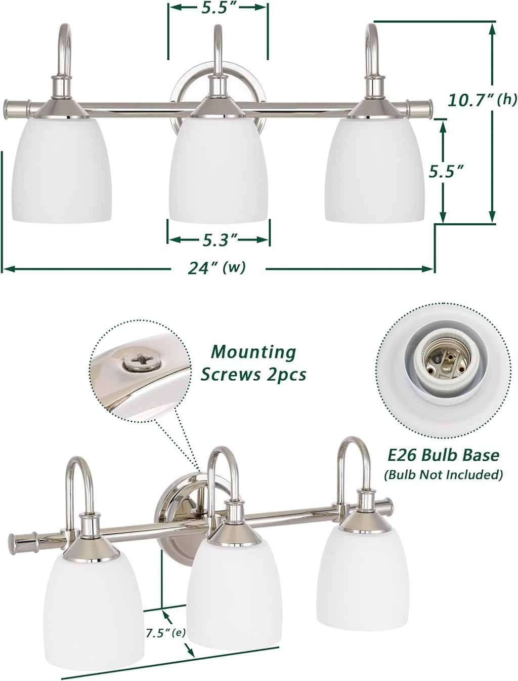 3-Light Polished Nickel Bathroom Vanity Light Fixtures Over Mirror, Vintage Vanity Lights for Living Room, Milk White Glass Shades, Standard E26 Base