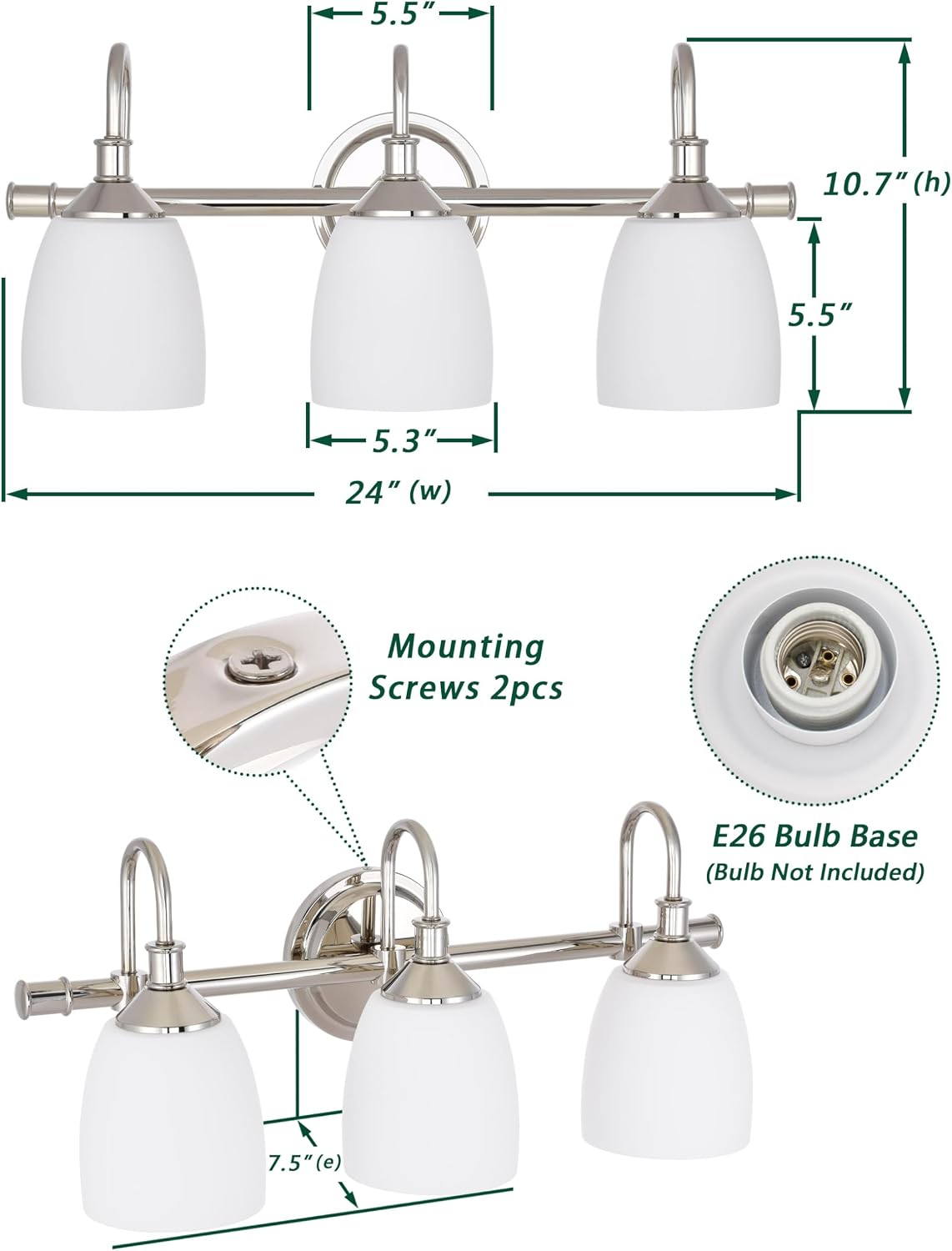 3-Light Polished Nickel Bathroom Vanity Light Fixtures Over Mirror, Vintage Vanity Lights for Living Room, Milk White Glass Shades, Standard E26 Base