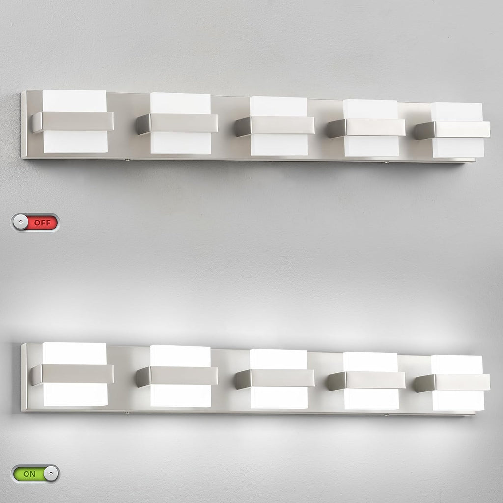 SOLFART 5-Light Bathroom Vanity Lights Over Mirror,Brushed-Nickel LED Modern Vanity Lights for Bathroom, Dimmable