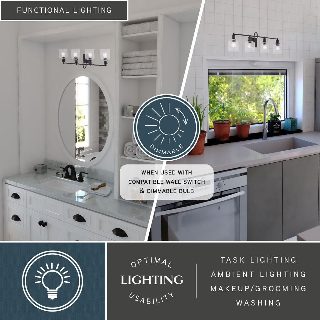 VAXCEL Northbrook 4-Light 32 in. Wide Matte Black Traditional Bathroom Vanity Lighting Fixture, Clear Seeded Glass Shade, Dimmable, LED Compatible, Over the Mirror Mounted Steel Wall Sconce