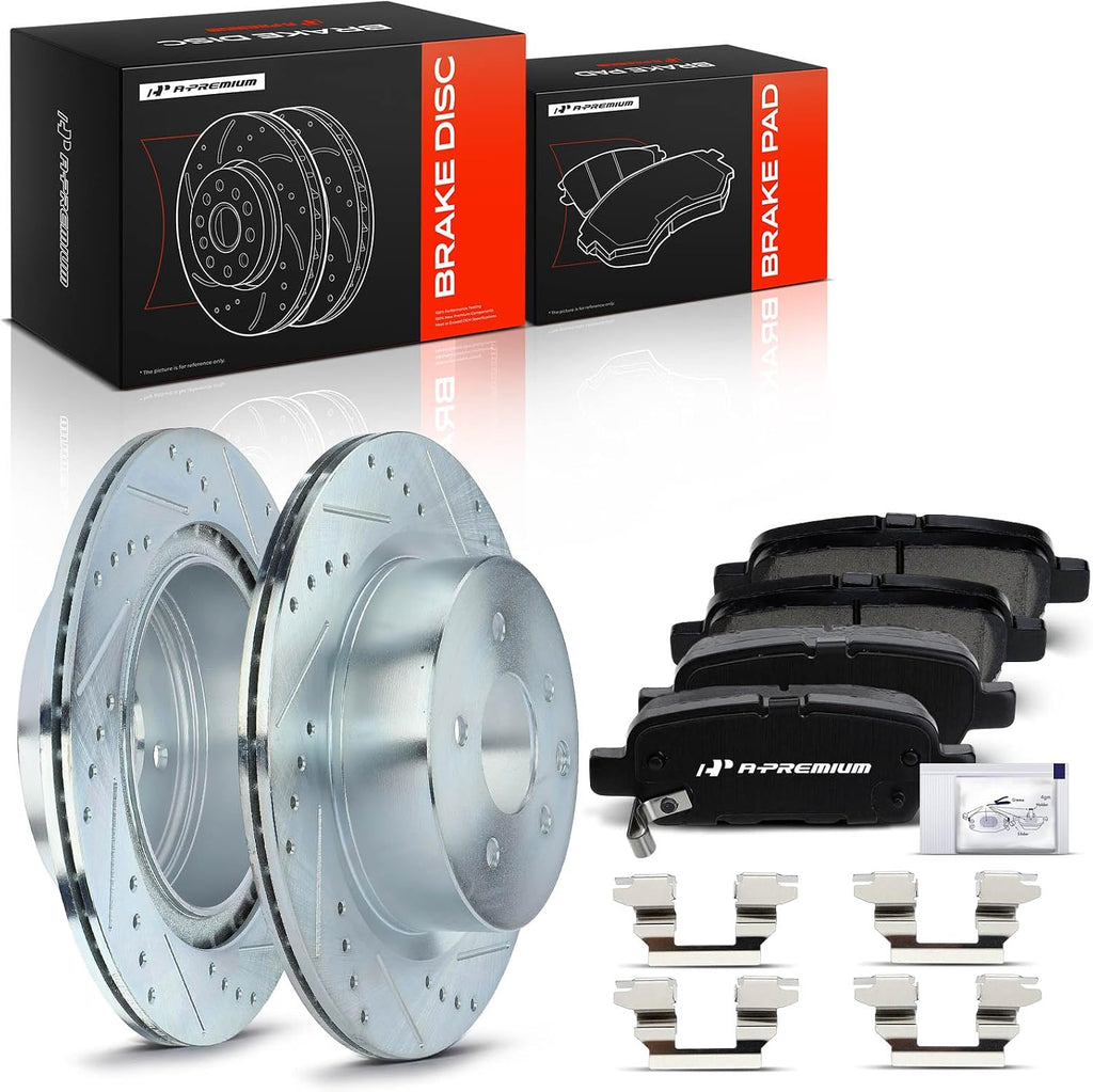 A-Premium 12.13 inch (308mm) Rear Drilled and Slotted Disc Brake Rotors + Ceramic Pads Kit Compatible with Nissan & Infiniti Models - M35/M45, Q40, Maxima, EX35, EX37, G25, G35, G37, QX50, 350Z, 370Z