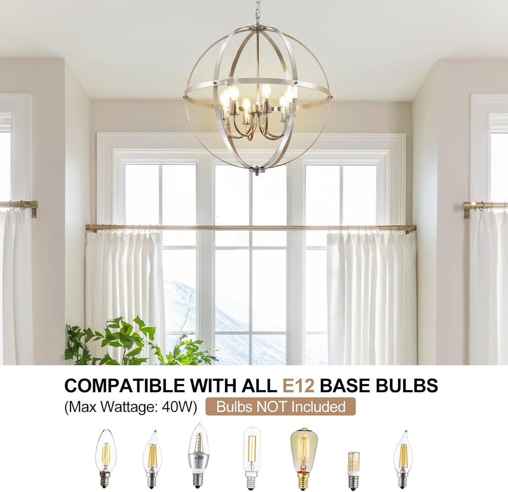 DLLT 6-Light Chrome Globe Pendant Light Fixtures, Industrial Sphere Pendant Lighting Over Island for Dining Room Foyer