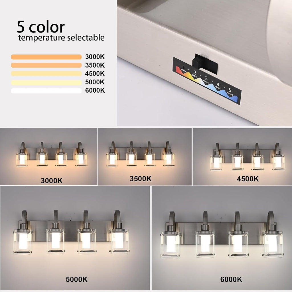 4-Light Brushed Nickel Vanity Light Fixtures, Modern LED Bathroom Wall Lights for Dressing Room, Integrated LED Chips with Frosted Column & Clear Square Glass Shades, Energy Saving Wall Sconce