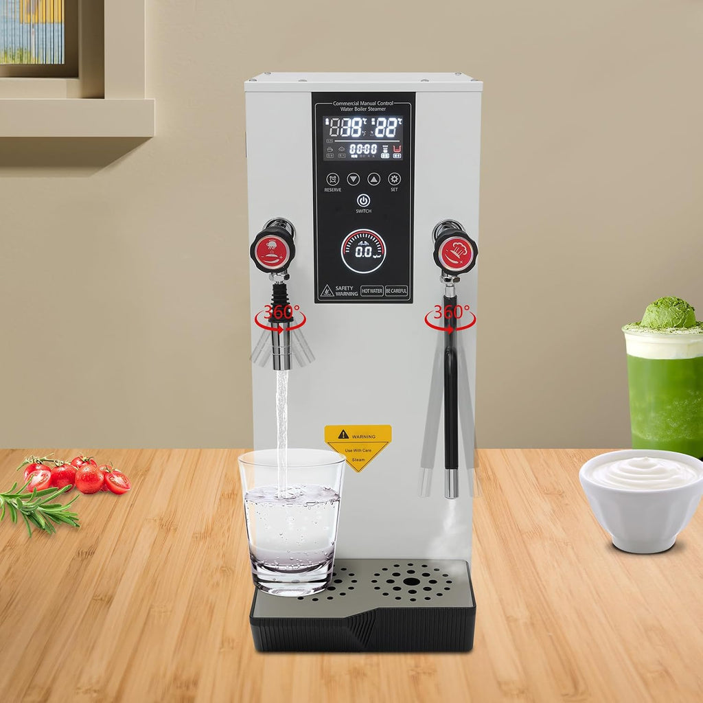 12L White Steam Hot Water Dispenser, 110 V US Plug, LCD Count-Down Timer 1-12 h, 304 Steel Inner Tank, Swing Tap Spout, Counter Top, Auto Re-Boil & Dry-Boil Cut-Off, LED Temp Display, Home Use