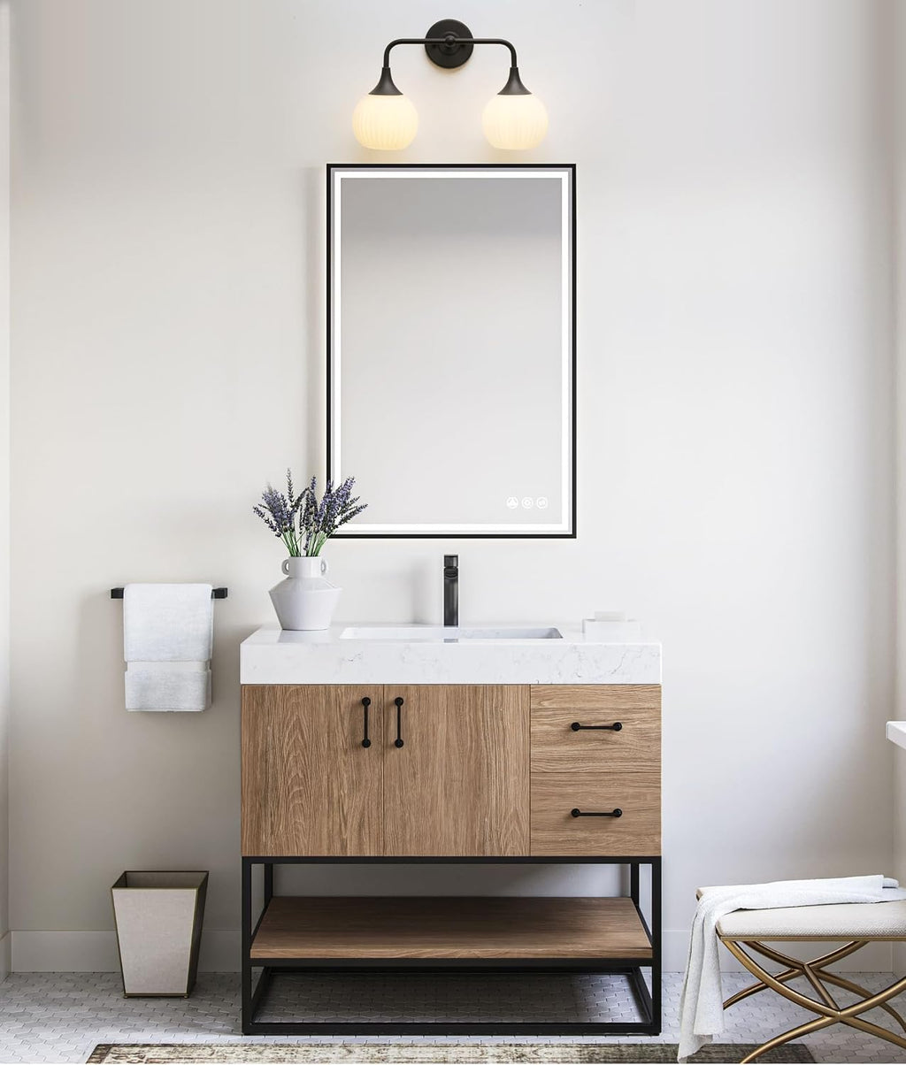 PERMO Double Sconce Black Vintage Vanity Light with White Ribbed Globe Glass Shade Hardwired Wall Light Fixture for Bathroom Mirror Cabinets Hallway Stairs