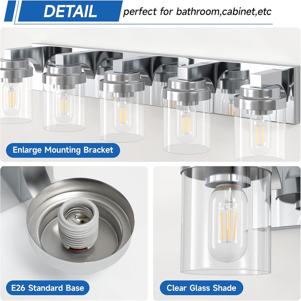 Bathroom Light Fixtures, 5-Light Bathroom Vanity Lights Over Mirror, Polished Chrome Vanity Lights with Glass Shade, 31' Modern Wall Sconce for Cabinet Porch Bedroom, Hallway E26