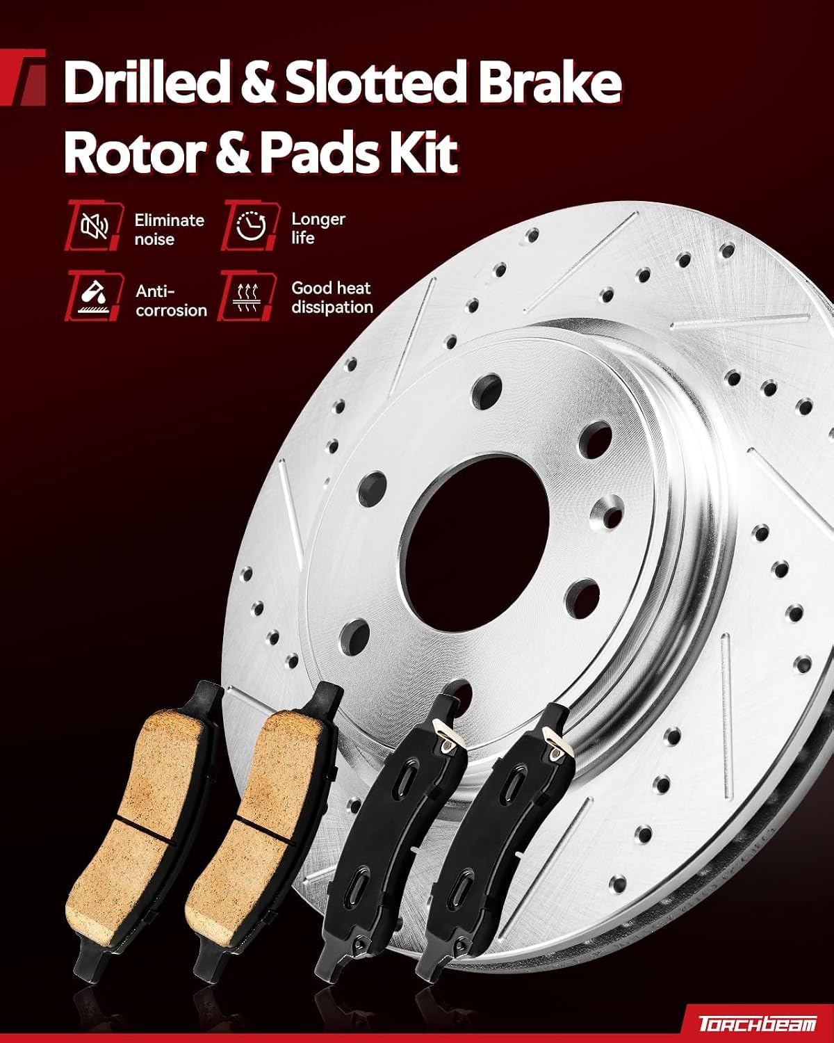 Torchbeam Front Geomet Drilled & Slotted Brake Rotor & Ceramic Brake Pads Kit Replacement 55174+D1421 Fit for 9-5,Equinox, Impala, LaCrosse, Malibu, Malibu Limited, Regal, Terrain