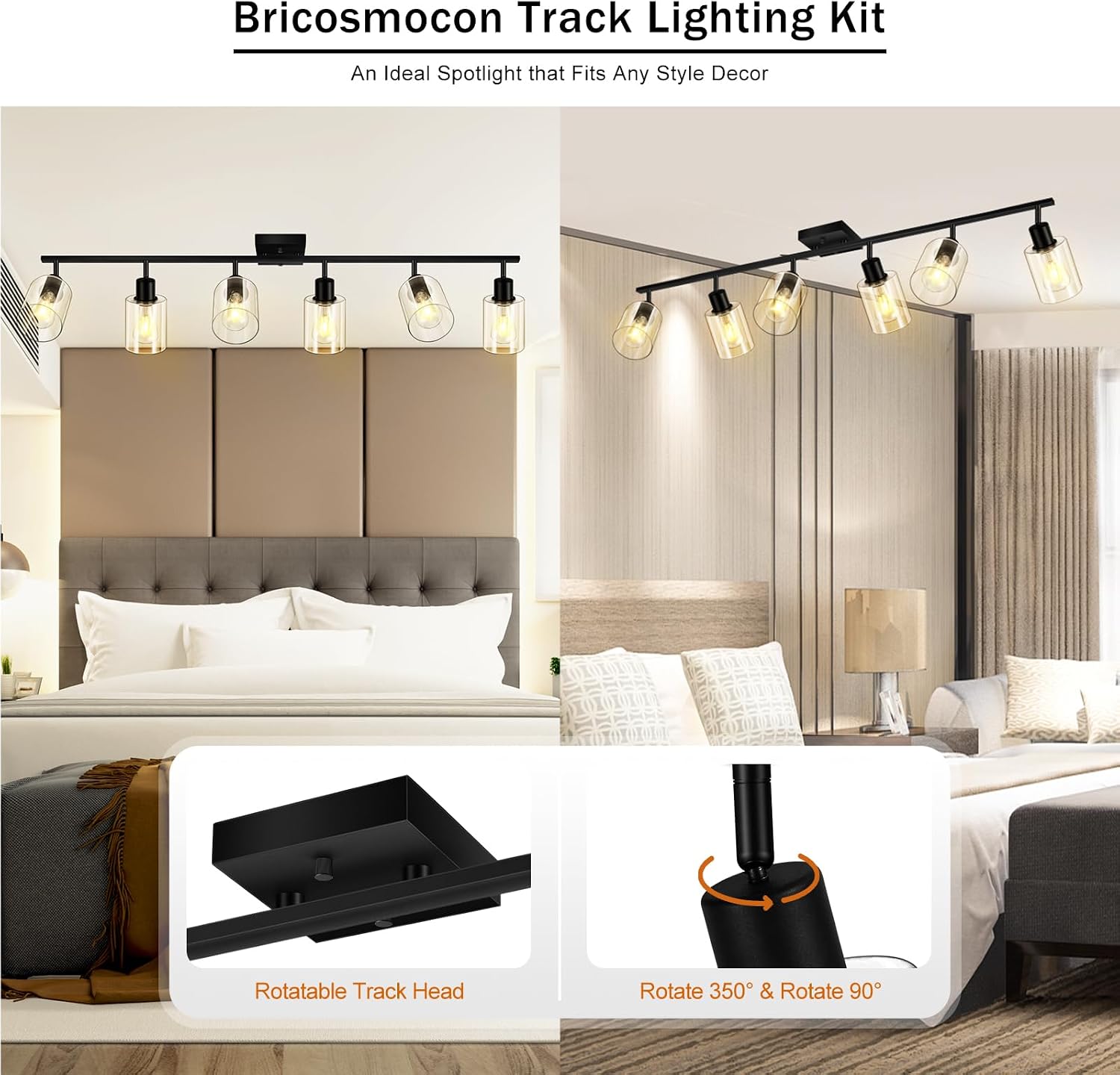 Track Lighting Fixtures Ceiling, 6-Light Track Light with Clear Glass Shade, 45' Modern Kitchen Lighting Ceiling with Rotatable Track Head, Black Wall Light for Vanity Hallway Bedroom(E26, No Bulb)