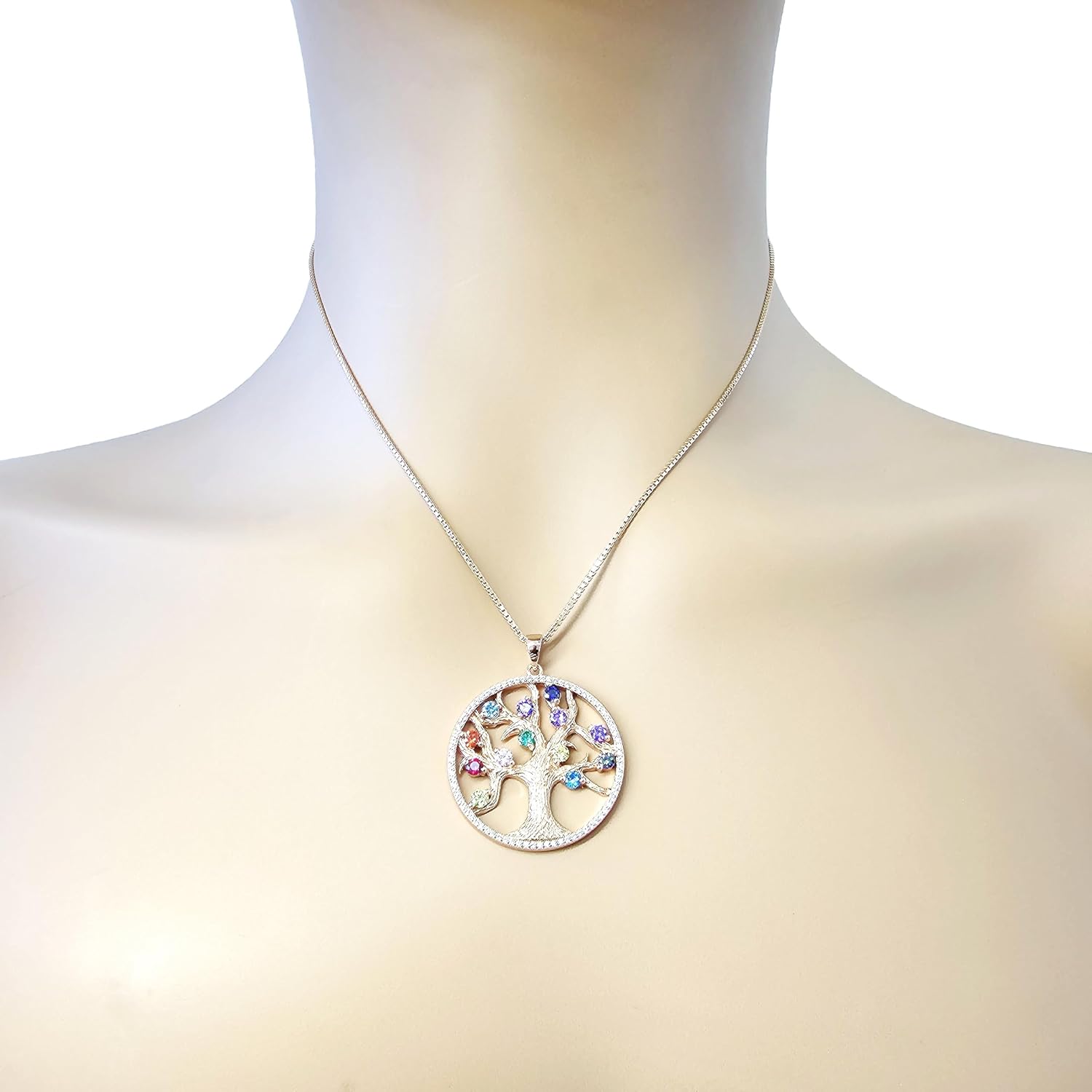 Central Diamond Center Tree of Life Mothers Birthstone Necklace in Silver-10K or 14K Gold. Up to 12stones