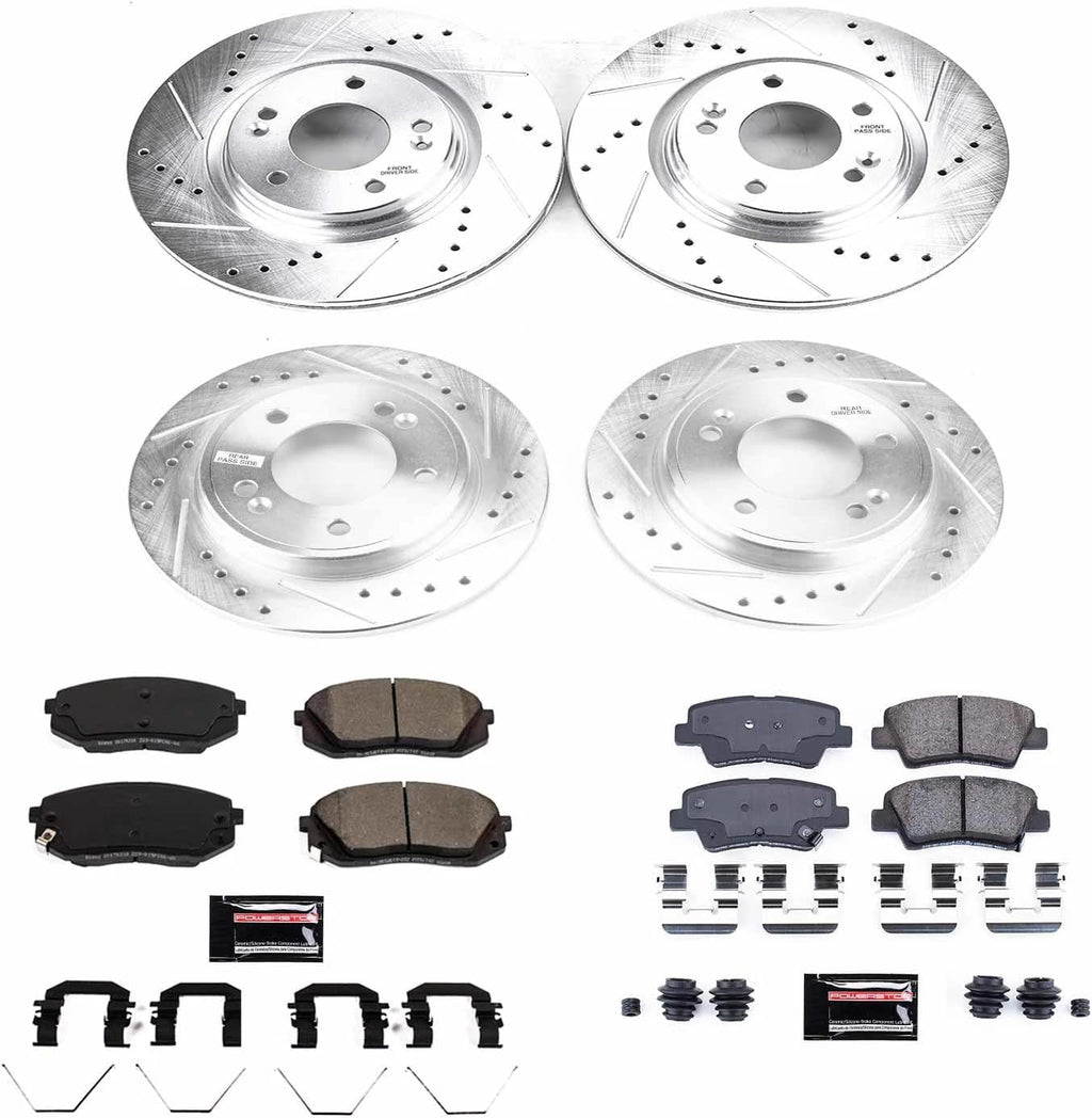 PowerStop Front and Rear Brake Kit for Hyundai Veloster 2019-21 | Kia Forte 2020-23 - Drilled and Slotted Disc Rotors with Carbon-Fiber Ceramic Brake Pads Replacement, K8345
