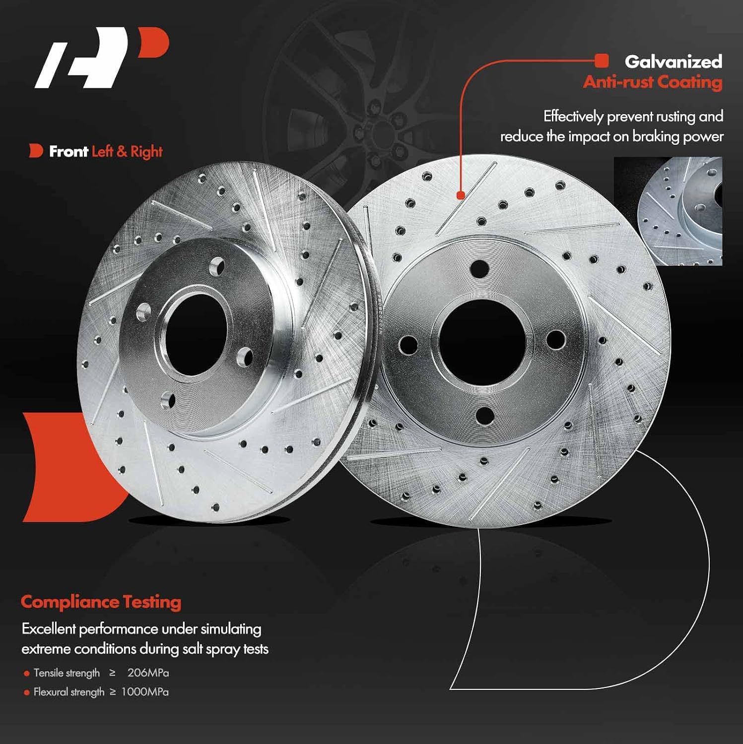 A-Premium 10.95 inch (278mm) Front Drilled and Slotted Disc Brake Rotors + Ceramic Pads Kit Compatible with Select Ford Models - Focus 2005 2006 2007, 6-PC Set