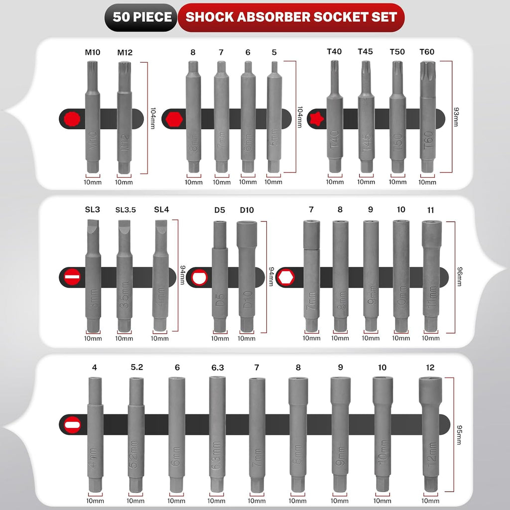 BILITOOLS 50PCS Shock Absorber Strut Nut Socket Set | Master Suspension Tool, Strut Top Mount Nut Removal & Install, Automotive Use, with Ratchet Adaptors