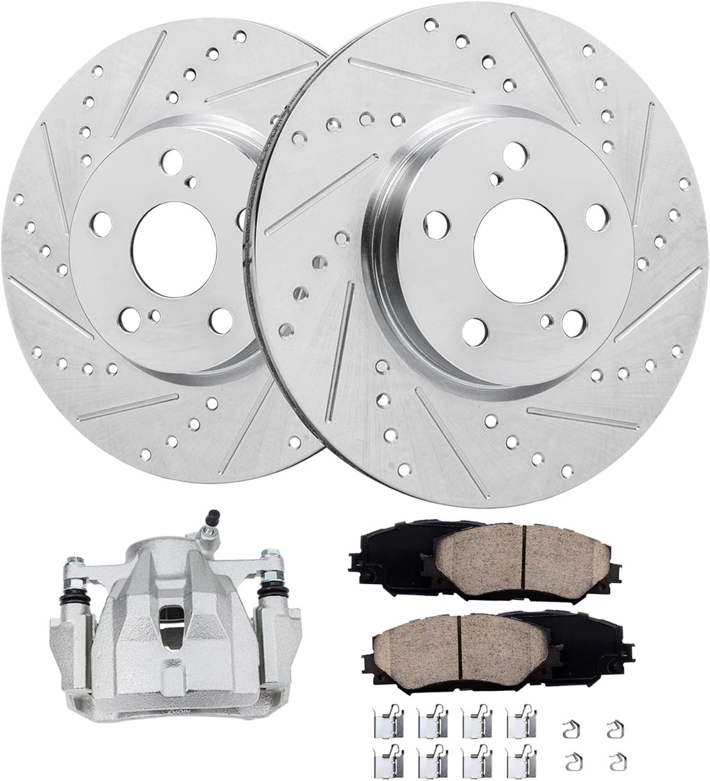Detroit Axle - Front Drilled Rotors Brake Pads + Left Brake Caliper Replacement for Toyota Matrix Corolla Scion xD Pontiac Vibe - 5pc Set