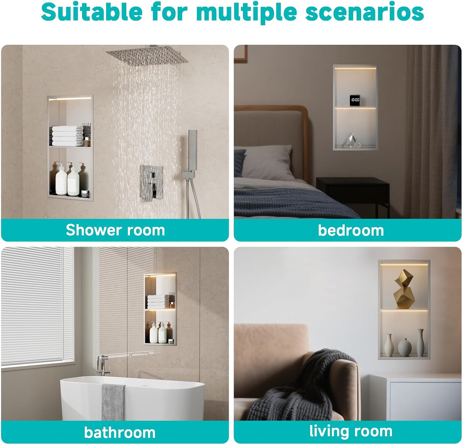 Stainless Steel LED Lights Shower Niche 12'x24' - No Tile Needed Double Shelves Recessed Wall Niche for Bathroom Storage, Brushed