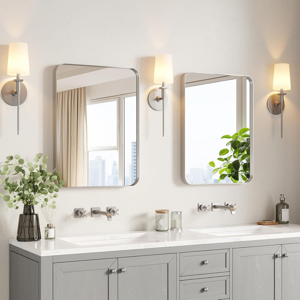 USHOWER Brushed Nickel Bathroom Mirrors 22'x30' 2 Pack, Silver Rectangle Mirrors for Over Sink, Rounded Corner, Aluminum Frame, Anti-Rust, Tempered Glass, Horizontal or Vertical Mounted