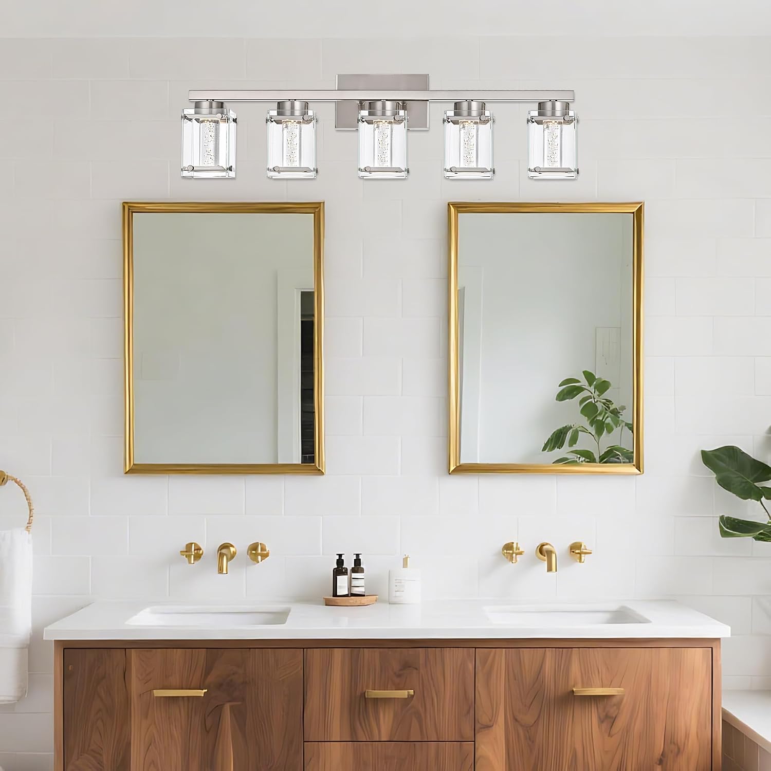 Modern Vanity Light 5-Light Brushed Nickel Finish LED Indoor Lighting Fixture with with Clear Glass Shade and Crystal Bulb Wall Sconces Lights for Bathroom