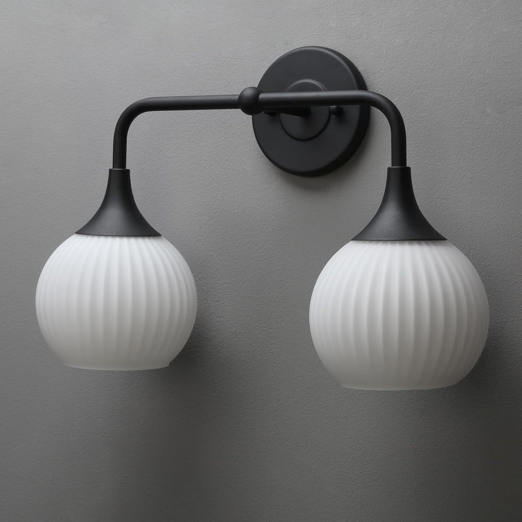 PERMO Double Sconce Black Vintage Vanity Light with White Ribbed Globe Glass Shade Hardwired Wall Light Fixture for Bathroom Mirror Cabinets Hallway Stairs