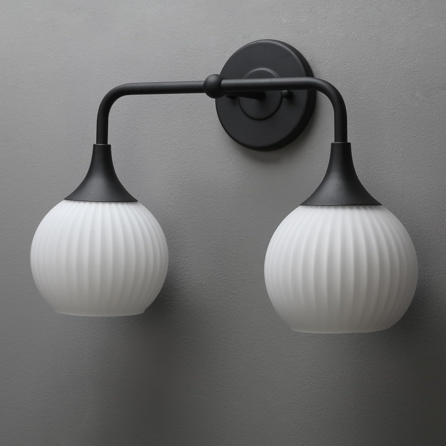 PERMO Double Sconce Black Vintage Vanity Light with White Ribbed Globe Glass Shade Hardwired Wall Light Fixture for Bathroom Mirror Cabinets Hallway Stairs