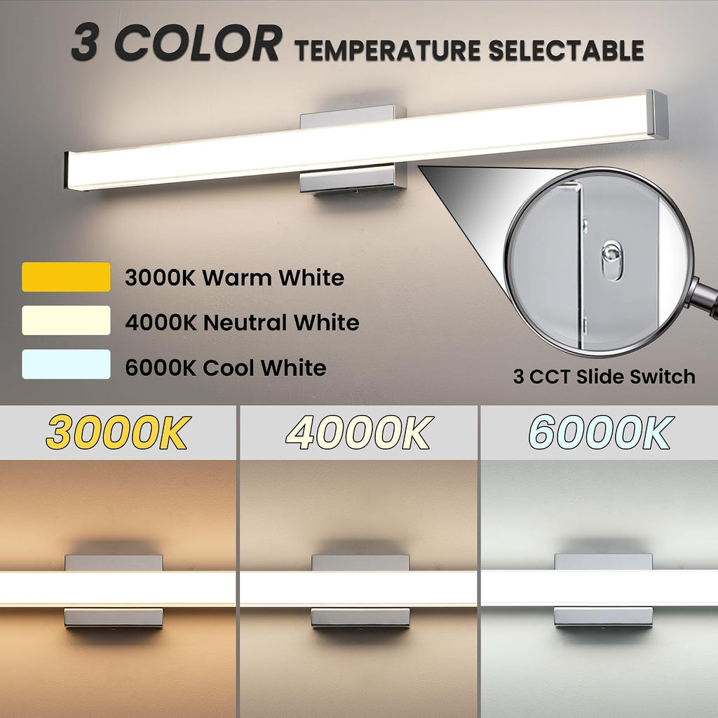 Modern LED Bathroom Vanity Light 36 inch 24W Dimmable 3CCT Bathroom Light Fixture Over Mirror Rectangle Bath Vanity Light Bar with Double Layer Acrylic Shade (Chrome)