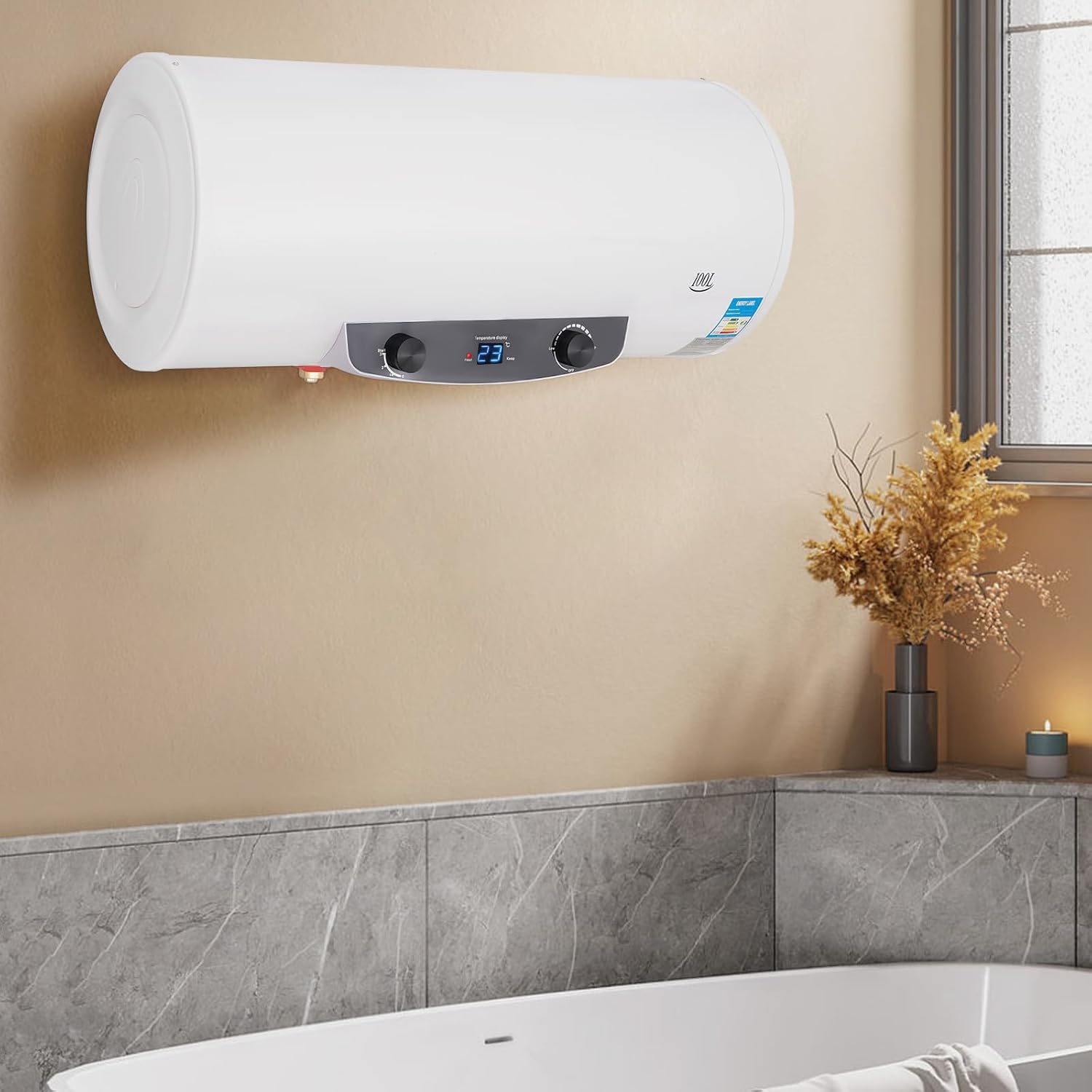 110V 1500W Electric Hot Water Heater, Hung Horizontally Tank Hot Water Heater, 30-75 ℃ Quick Heating, With Pre-Thermostat Knob, On Demand Hot Water Heater for Shower Kitchen Bathroom (100L)