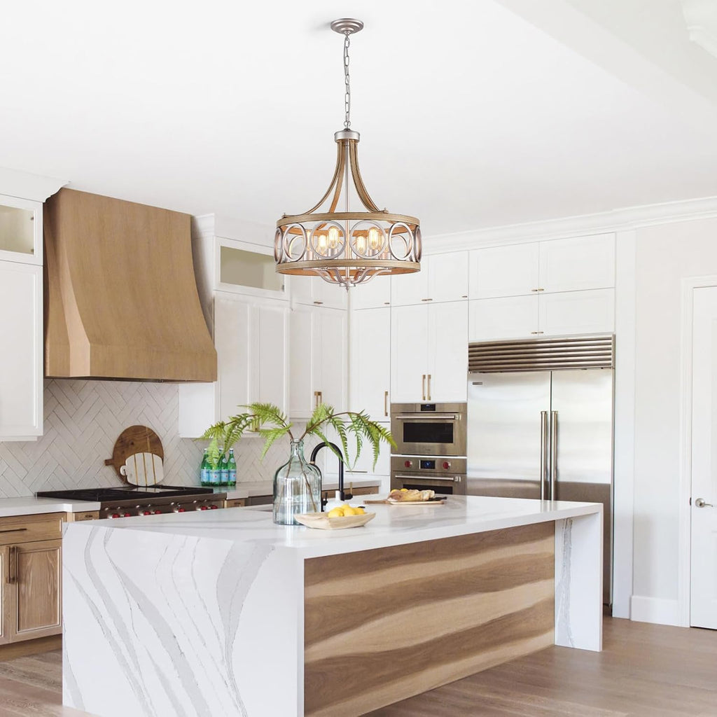XINGQI Brushed Nickel Dining Room Chandelier 6 Lights Modern Farmhouse Chandelier 21.7' Round Hanging Lighting Fixture Rustic Metal Drum Pendant Lamp for Entryway Bedroom Kitchen