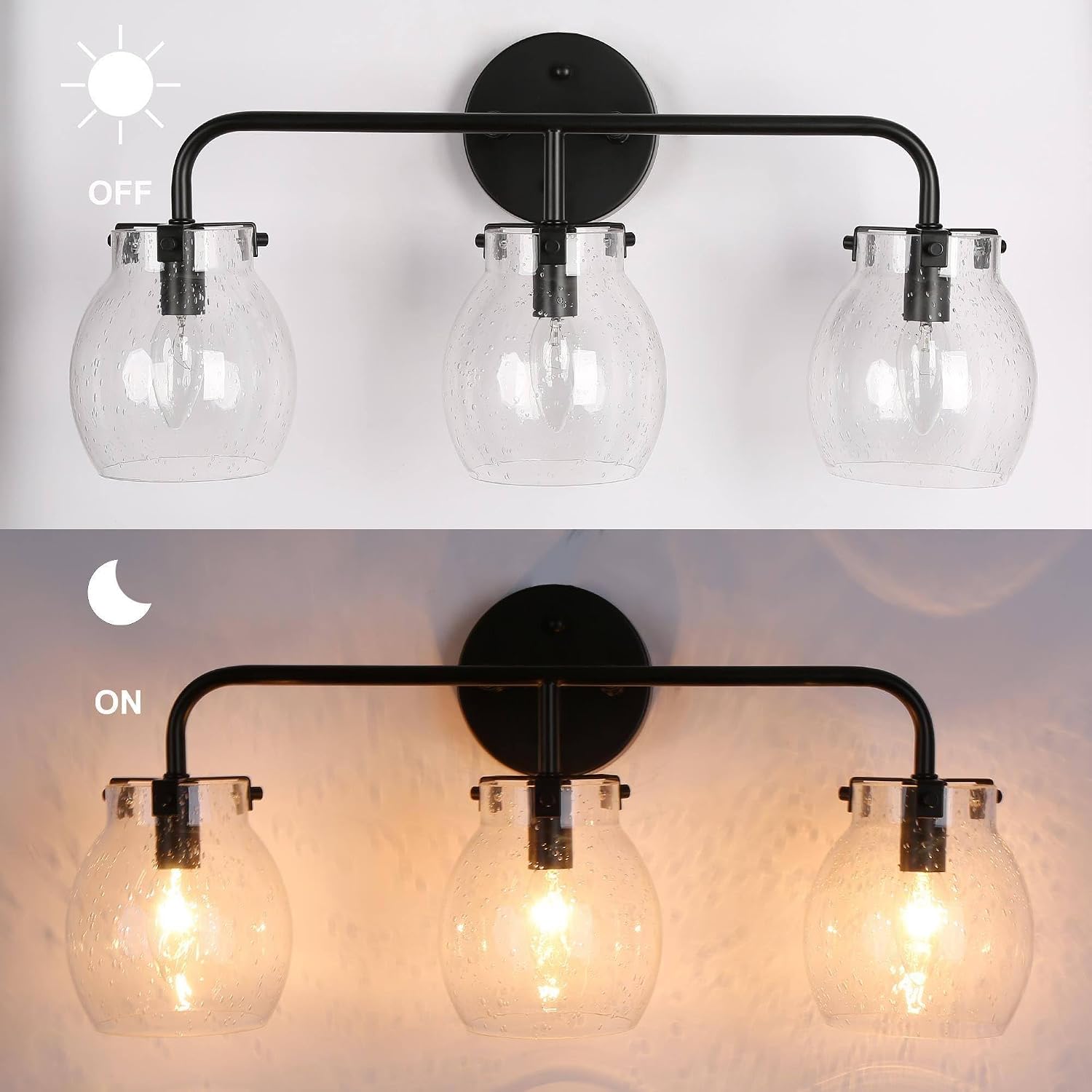 KSANA Black Bathroom Light Fixtures, 3 Light Matte Black Vanity Lights for Bathroom with Seeded Glass Globe, 22' Modern Farmhouse Bathroom Lights Over Mirror