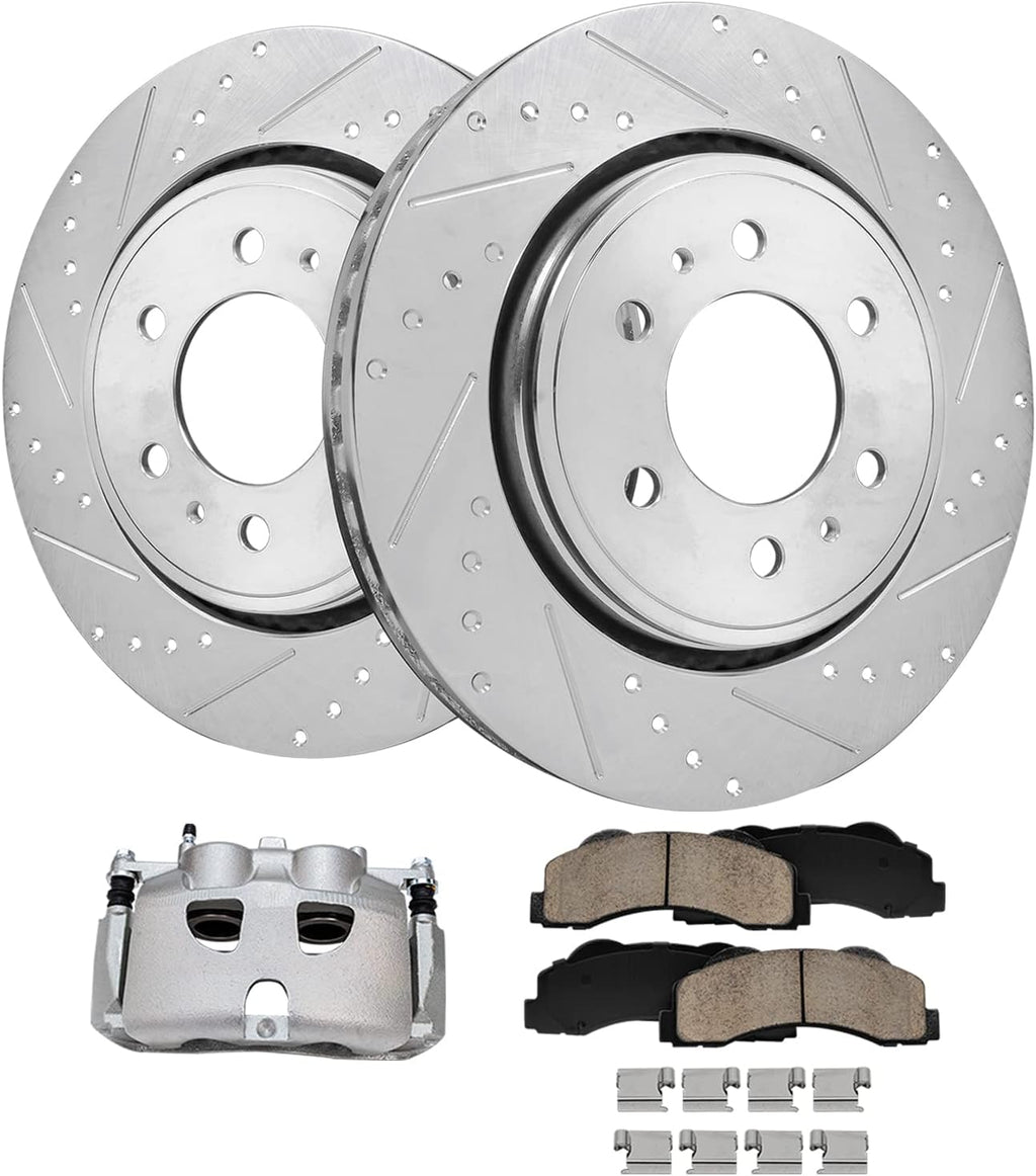 Detroit Axle - Front Brake Kit for Ford Expedition F-150 Lincoln Navigator Drilled & Slotted Brake Rotors Brake Caliper Ceramic Brakes Pads Replacement