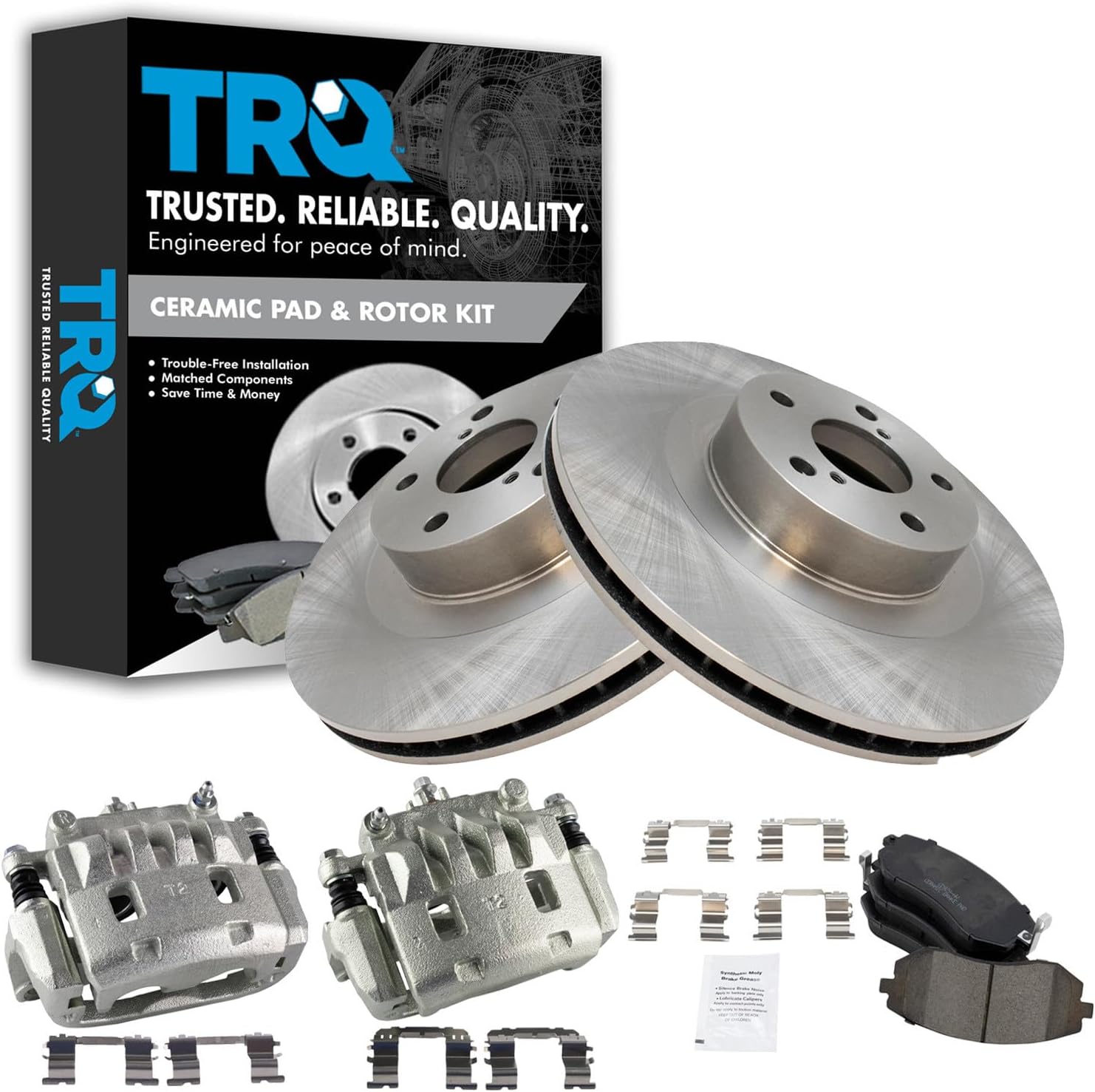 TRQ Front Brake Pad and Rotor Set Ceramic Vented Rotors Calipers Compatible with 2003-2008 Subaru Forester 2003-2005 Impreza Outback 2002-2005 Legacy 2003-2006 Baja 2005-2006 Saab 9-2X