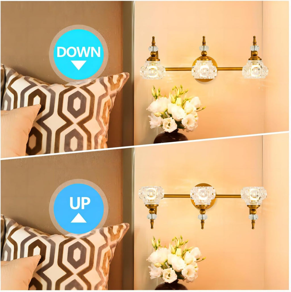 WJShome Vintage Bathroom Vanity Light Fixture, 3 Lights Bathroom Lighting Matte Brushed Antique Brass Finish with Crystal Glass Shade, Vintage Vanity Light for Bathrooms