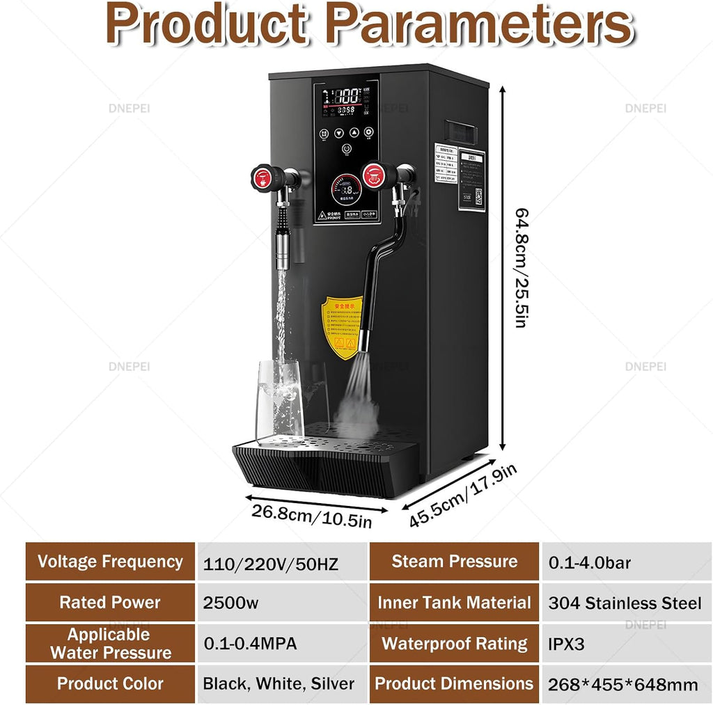 12L/3.2Gal Commercial Automatic Milk Frother, 2500W Electric Countertop Water Dispenser,Stainless Steel Boiler for Boba Tea, Hotel, Restaurant, Office Use White-110V