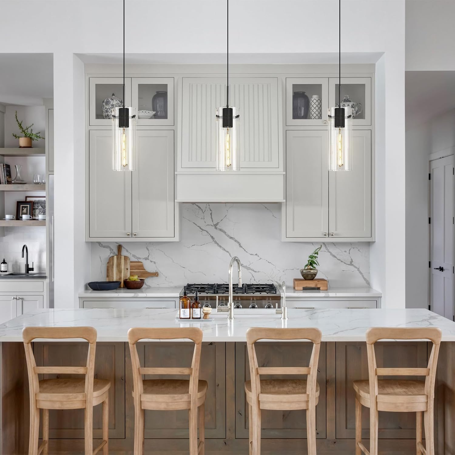 Glass Black Pendant Light, 3 Pack Modern Kitchen Island Pendant Lighting with Ribbed Glass, Adjustable Cord Minimalist Pendant Light for Over Island, Dining Room, Bathroom Bedroom