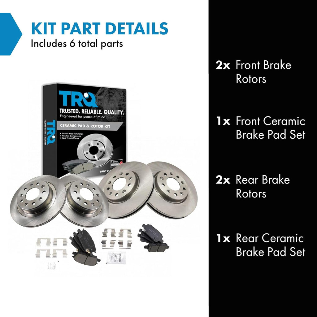 TRQ Front and Rear Ceramic Brake Pad and Rotor Set Compatible with 18-19 Chevrolet Equinox with 300 mm Diameter Front Rotors, 16-19 Chevrolet Malibu with Power Parking Brake
