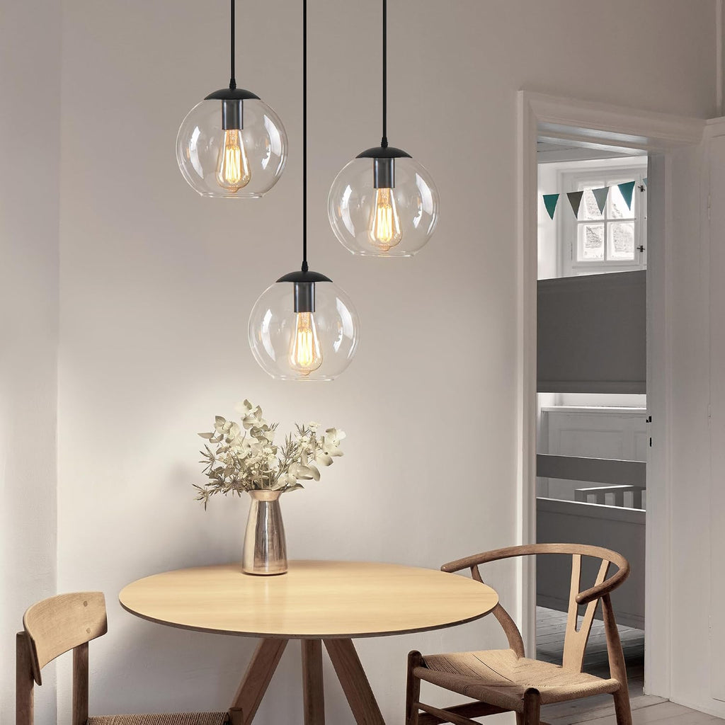 Globe Pendant Light, Modern Hanging Lighting Fixture, Classic Cluster Chandelier with Clear Glass Shades(Black, 3 Lights, 11.8 Inch)