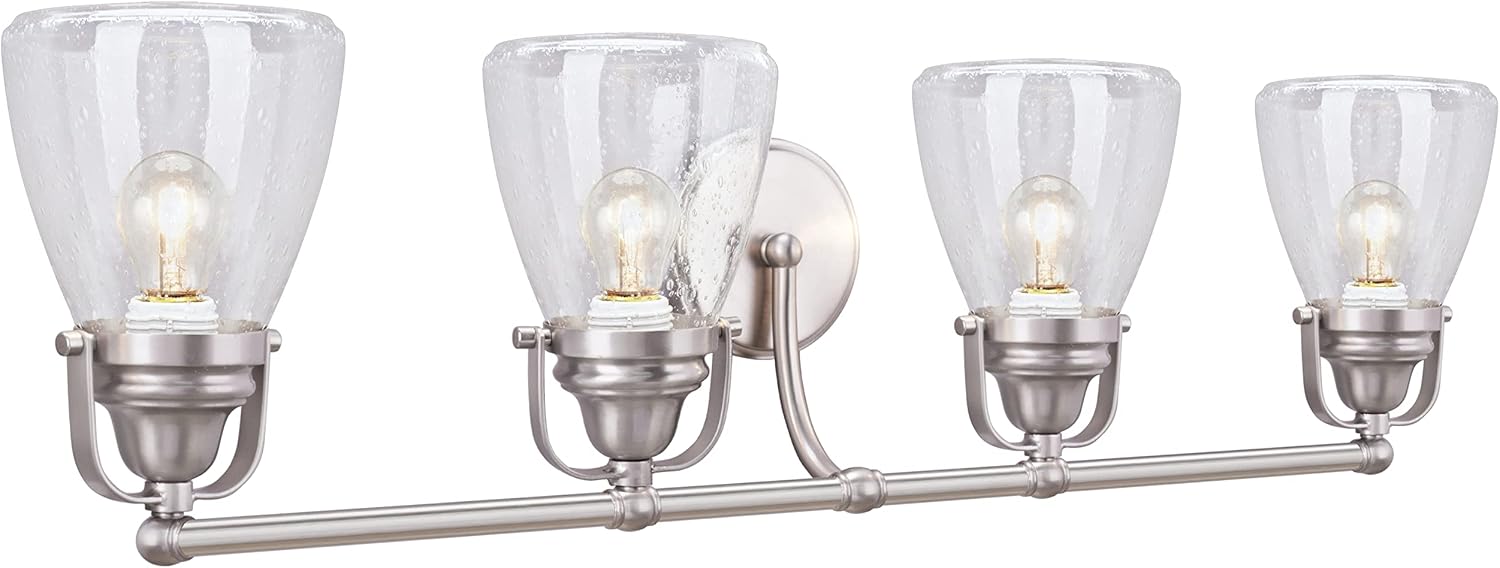 Aspen Creative 62100, Four-Light Metal Bathroom Vanity Wall Light Fixture, 32 1/2' Wide, Transitional Design in Brushed Nickel with Clear Seedy Glass Shade