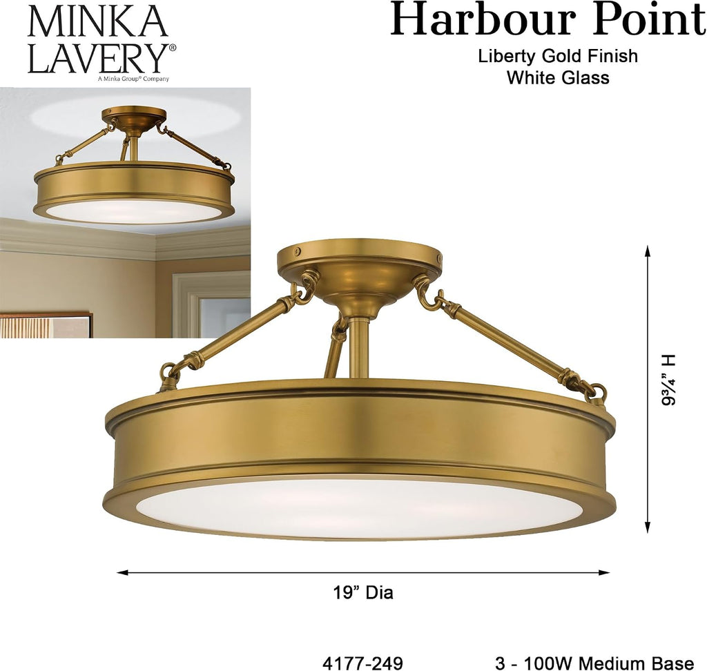 Minka Lavery 4177-249 Harbour Point Semi-Flush, 3-Light, 300 Total Watts, 19-in H x 9.75-in W, Liberty Gold