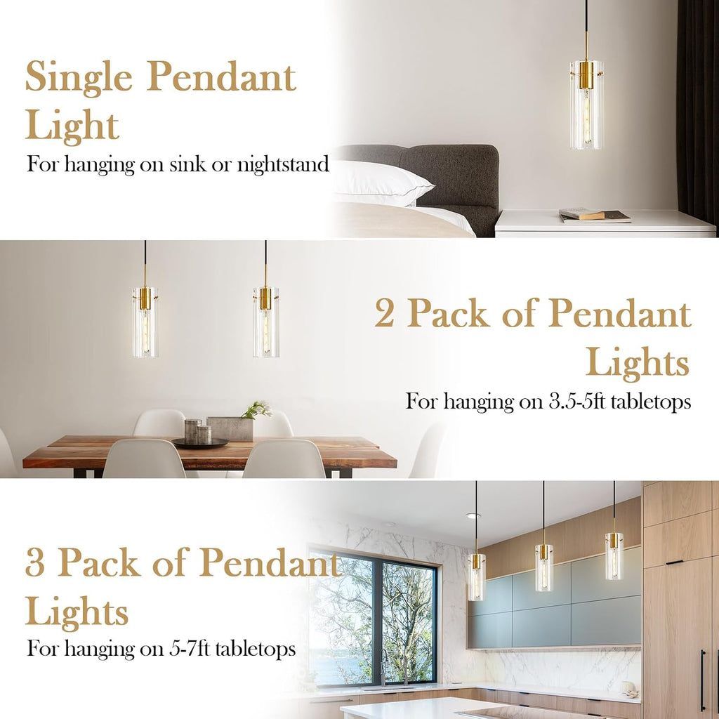 Gold Pendant Light Fixtures, 3 Pack Modern Pendant Lighting with Clear Striped Glass Shade, Hanging Pendant Lights Kitchen Island, Farmhouse Pendant Lighting for Dining Room Bedroom Bathroom