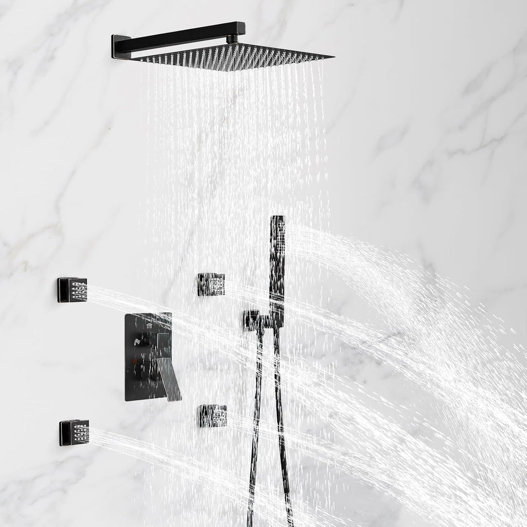 RUMOSE Rainfall Shower System with 4 Body Jets Wall Mounted 4 Mode Shower Faucet Set with 12 Inch Rain Shower Head and 2 in 1 Handheld Spray, Oil Rubbed Bronze Brass Shower Fixtures, Rough-in Valve