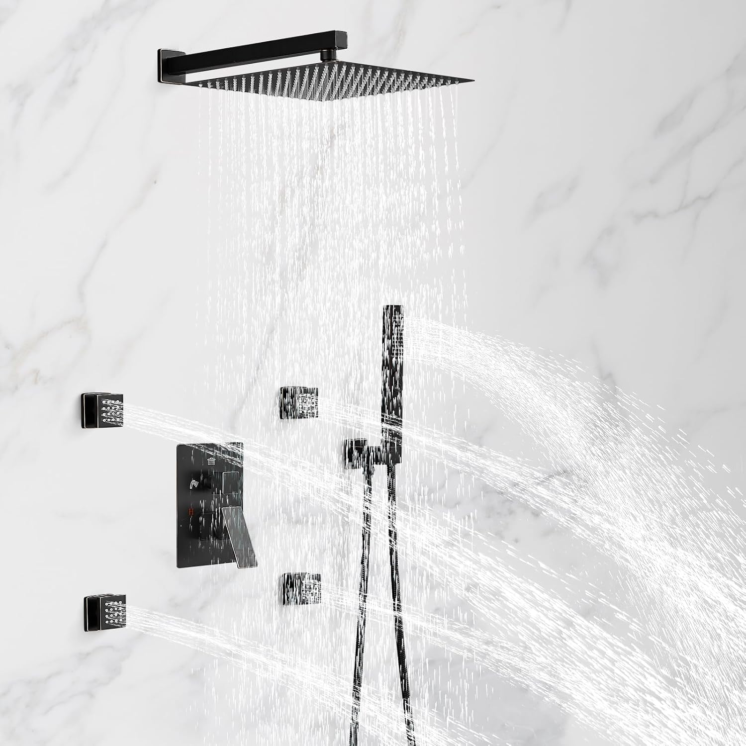 RUMOSE Rainfall Shower System with 4 Body Jets Wall Mounted 4 Mode Shower Faucet Set with 12 Inch Rain Shower Head and 2 in 1 Handheld Spray, Oil Rubbed Bronze Brass Shower Fixtures, Rough-in Valve