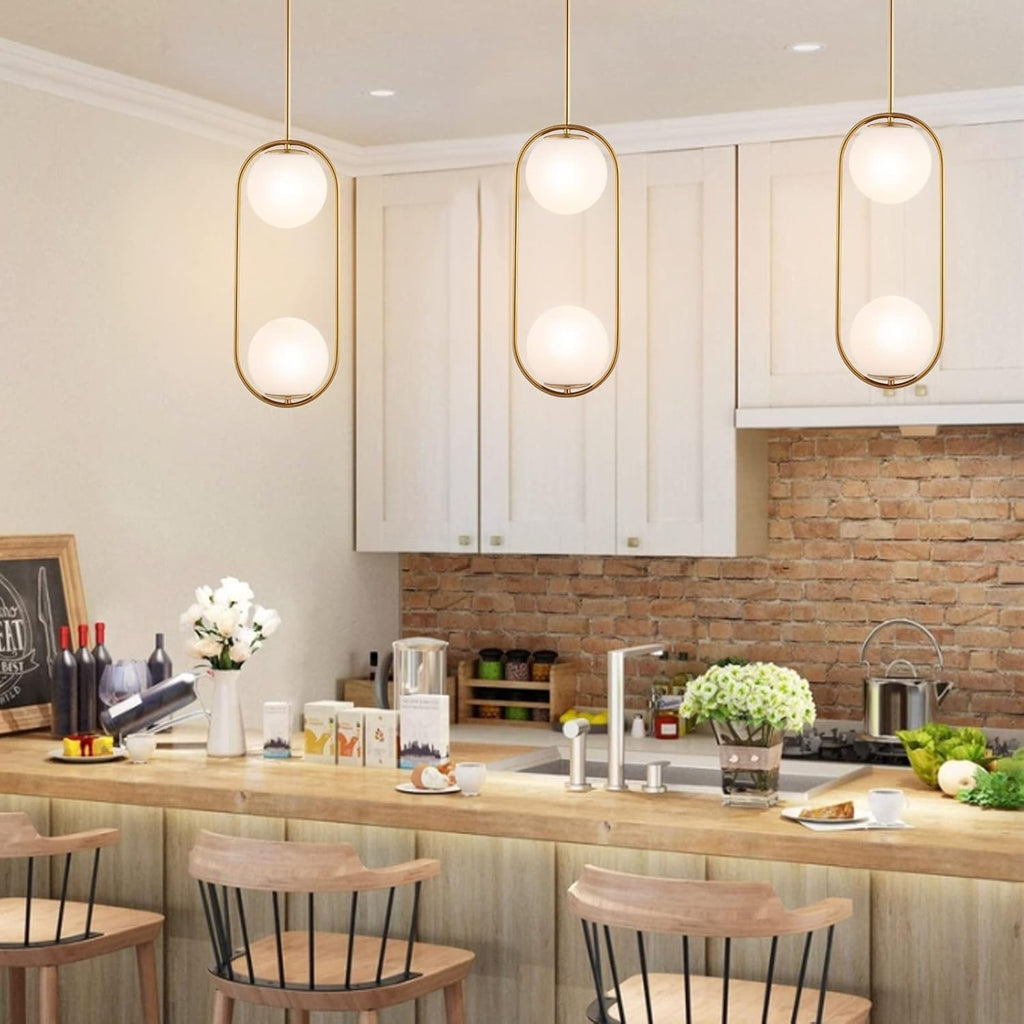 BYOLIIMA Modern Gold Globe Chandelier 2-Lights Mid Century Pendant Light Brushed Brass Ceiling Hanging Lighting Fixture with White Globe Glass Lampshade for Kitchen Island Dining Room Bedroom
