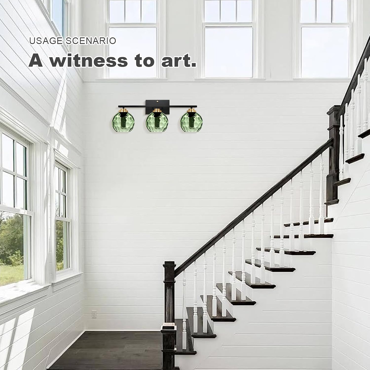 Glass Bathroom Vanity Light Matte Black Mid Century Wall Light Fixtures 3-Light 23.6 Inch Green Globe Shade Indoor Green Glass Wall Sconce for Bedroom Hallway Bedside