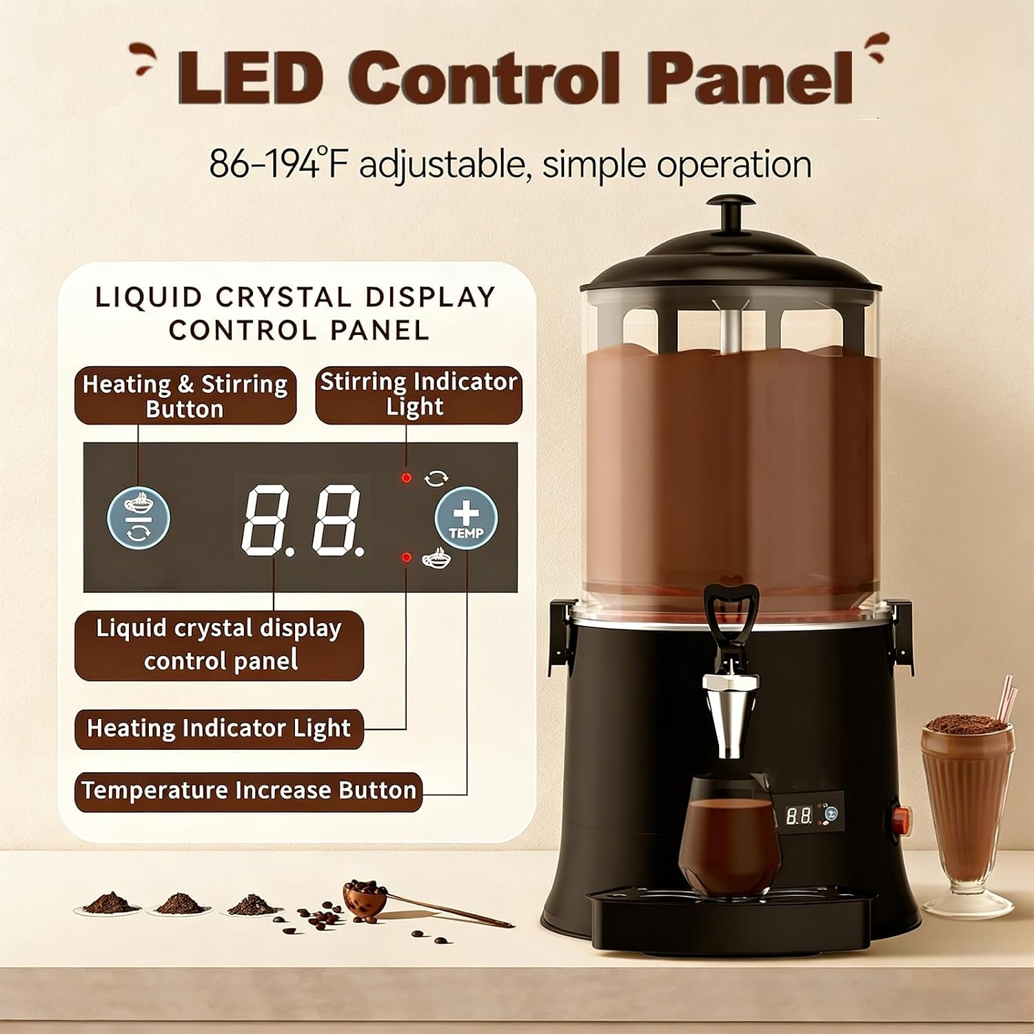 5L 10L 110/220V Hot Chocolate Dispenser Machine,Chocolate Fountain,Electric Chocolate Beverage Making Machine,30~90℃ Adjustment Chocolate Tempering Machine(10L)