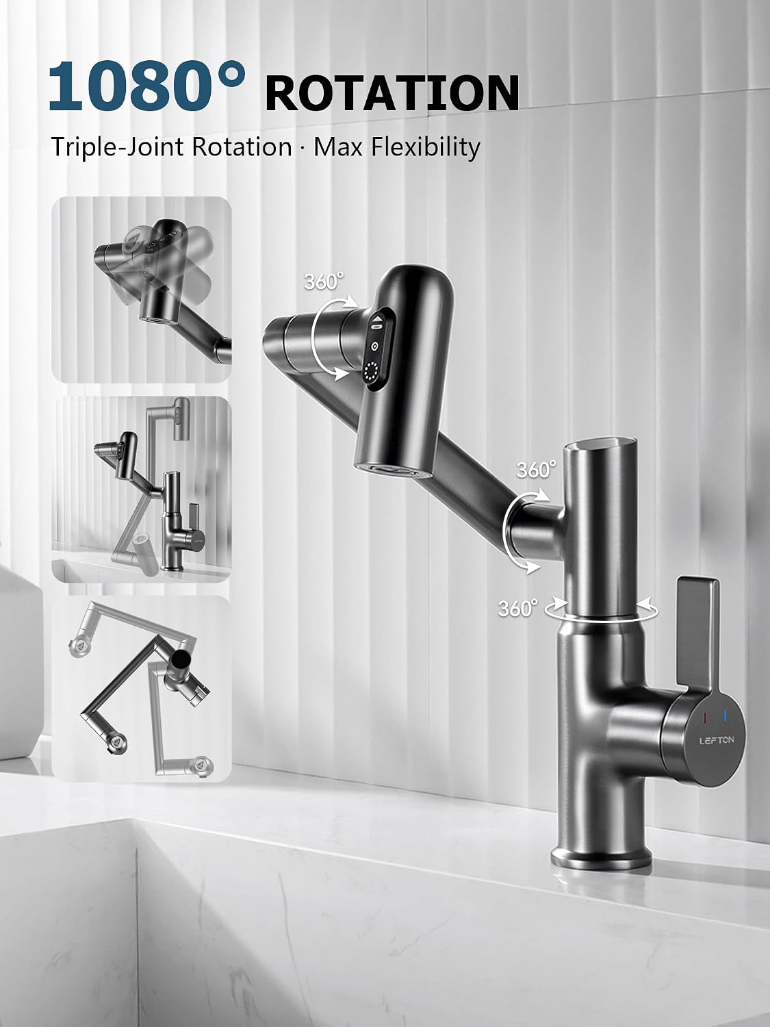 Lefton Rotatable Bathroom Faucet with Temperature Display in Fahrenheit (Batteries-Free), 3 Water Modes, Dark Grey, BF2204-2